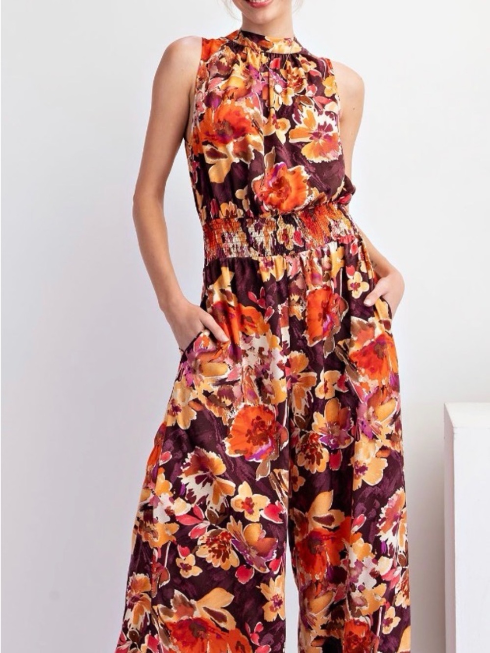 Easel Floral Brown and Orange Boho Wide Leg Jumpsuit - Picture 3 of 5